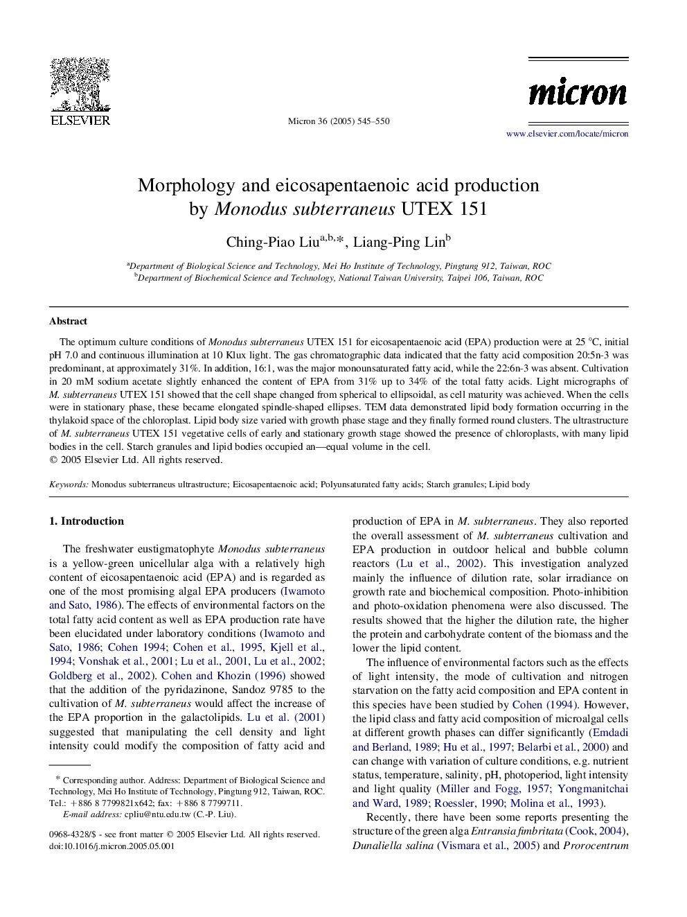 Morphology and eicosapentaenoic acid production by Monodus subterraneus UTEX 151