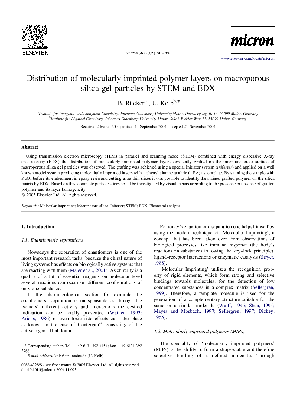 Distribution of molecularly imprinted polymer layers on macroporous silica gel particles by STEM and EDX