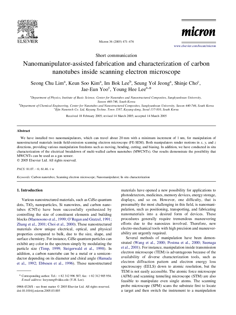 Nanomanipulator-assisted fabrication and characterization of carbon nanotubes inside scanning electron microscope