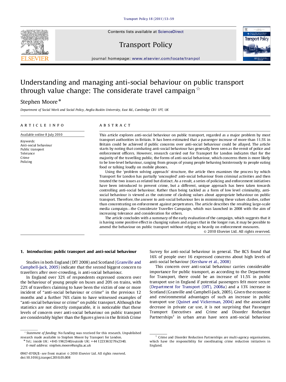 Understanding and managing anti-social behaviour on public transport through value change: The considerate travel campaign 