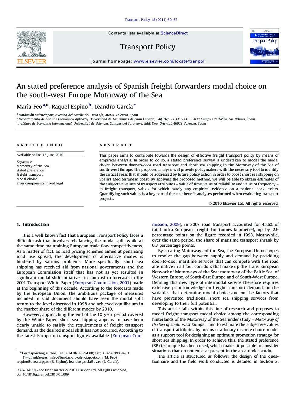 An stated preference analysis of Spanish freight forwarders modal choice on the south-west Europe Motorway of the Sea