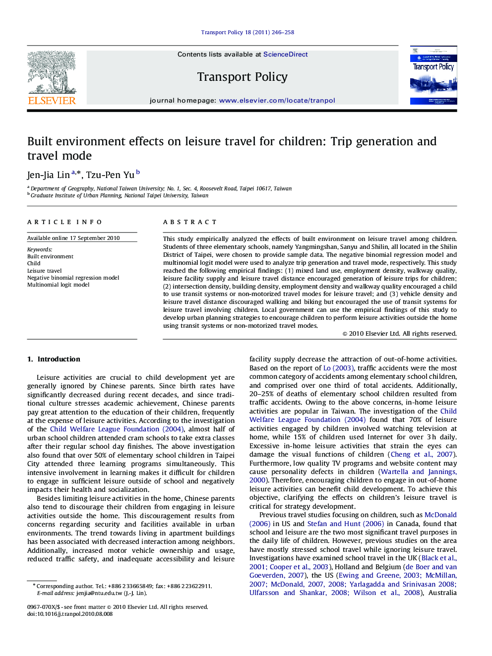 Built environment effects on leisure travel for children: Trip generation and travel mode