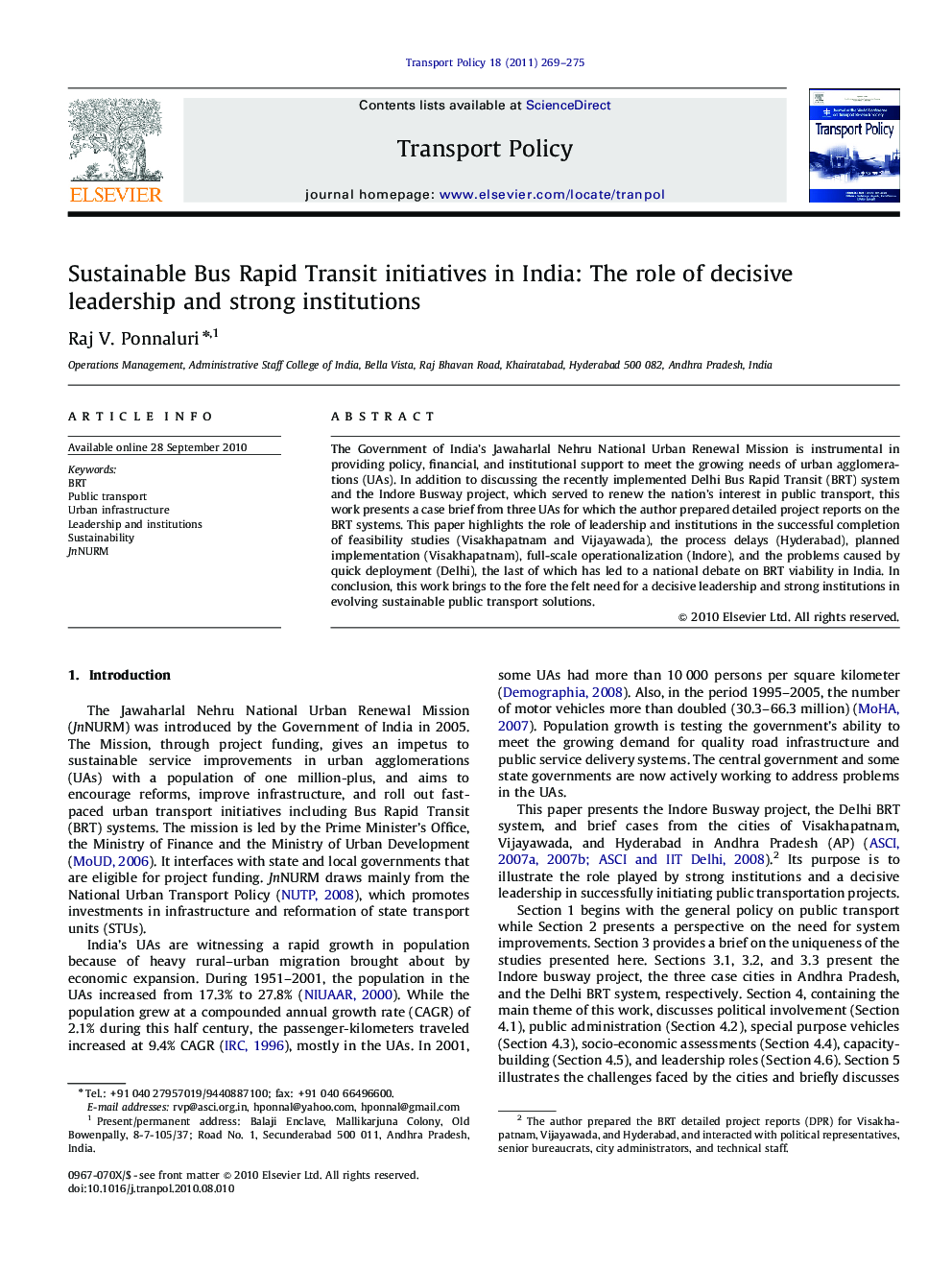 Sustainable Bus Rapid Transit initiatives in India: The role of decisive leadership and strong institutions