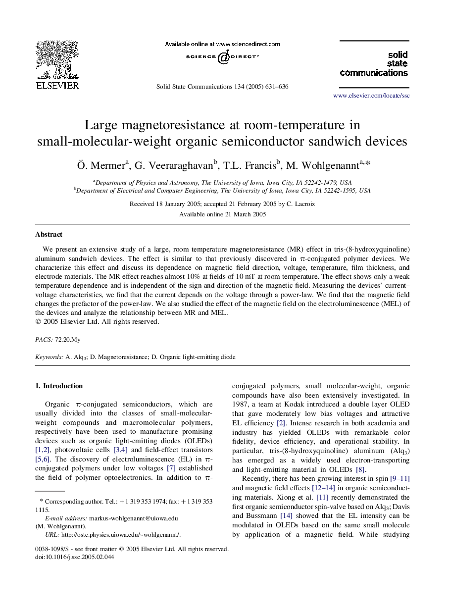 Large magnetoresistance at room-temperature in small-molecular-weight organic semiconductor sandwich devices