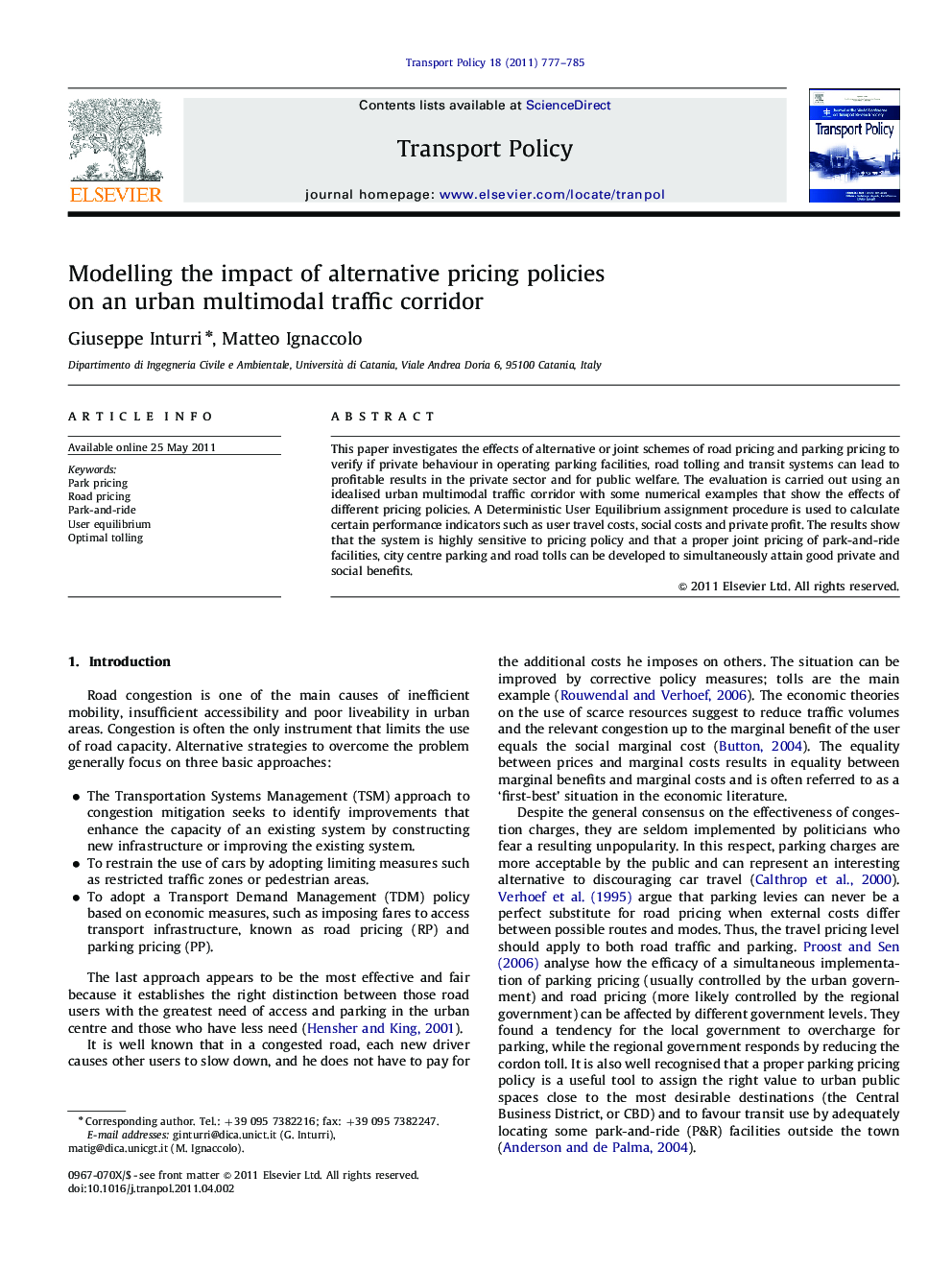 Modelling the impact of alternative pricing policies on an urban multimodal traffic corridor