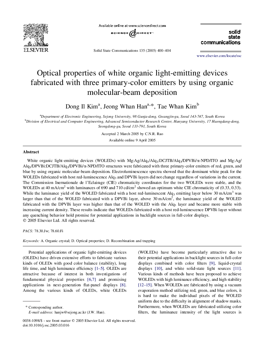 Optical properties of white organic light-emitting devices fabricated with three primary-color emitters by using organic molecular-beam deposition