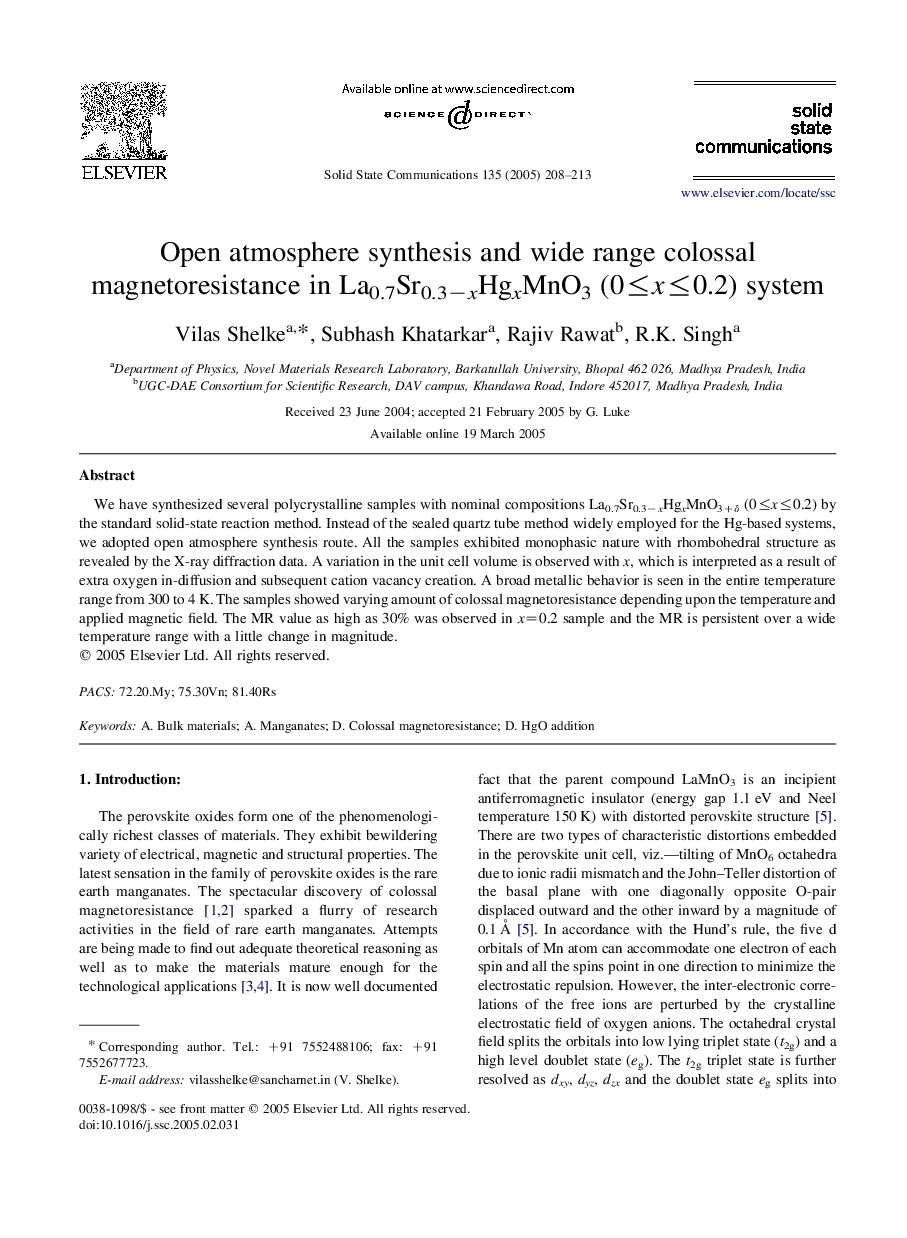 Open atmosphere synthesis and wide range colossal magnetoresistance in La0.7Sr0.3âxHgxMnO3 (0â¤xâ¤0.2) system