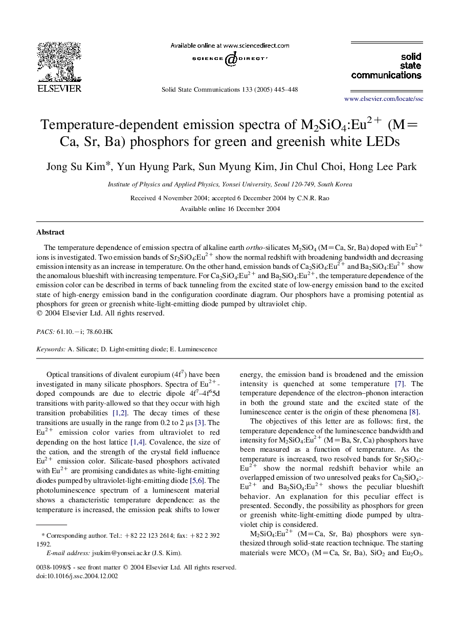 Temperature-dependent emission spectra of M2SiO4:Eu2+ (M=Ca, Sr, Ba) phosphors for green and greenish white LEDs