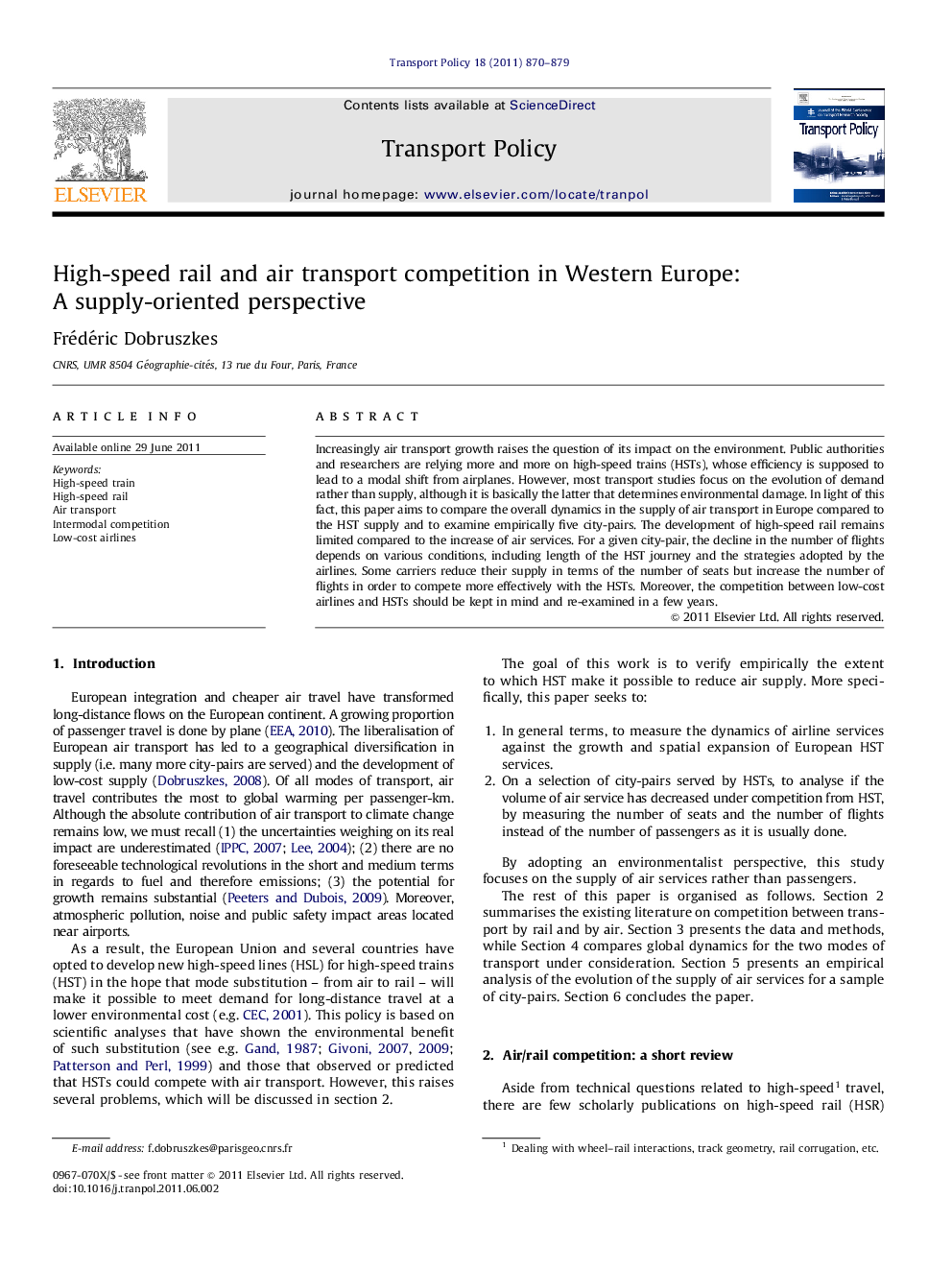 High-speed rail and air transport competition in Western Europe: A supply-oriented perspective