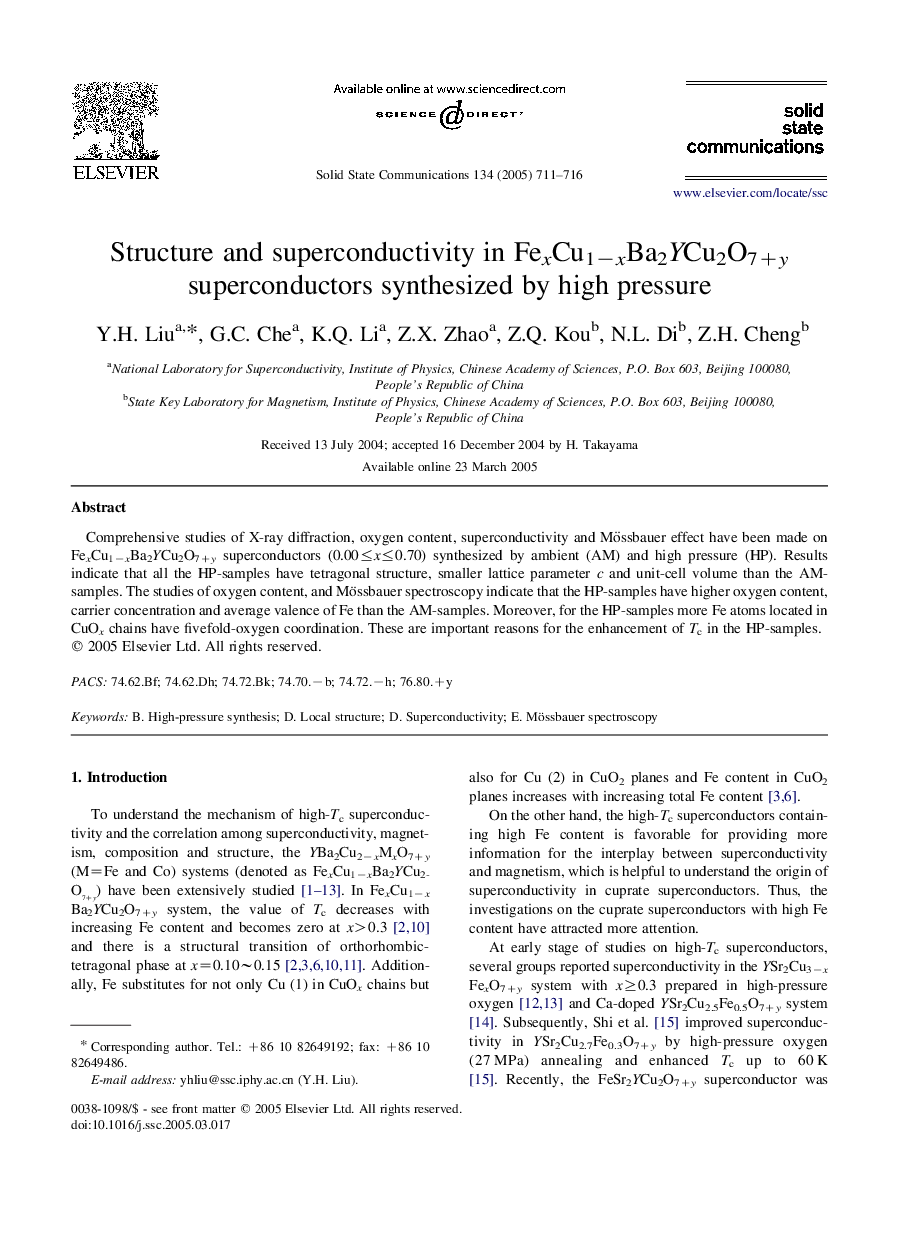 Structure and superconductivity in FexCu1âxBa2YCu2O7+y superconductors synthesized by high pressure