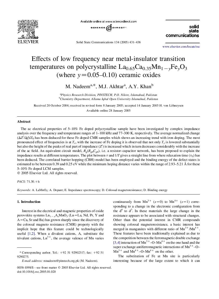 Effects of low frequency near metal-insulator transition temperatures on polycrystalline La0.65Ca0.35Mn1âyFeyO3 (where y=0.05-0.10) ceramic oxides