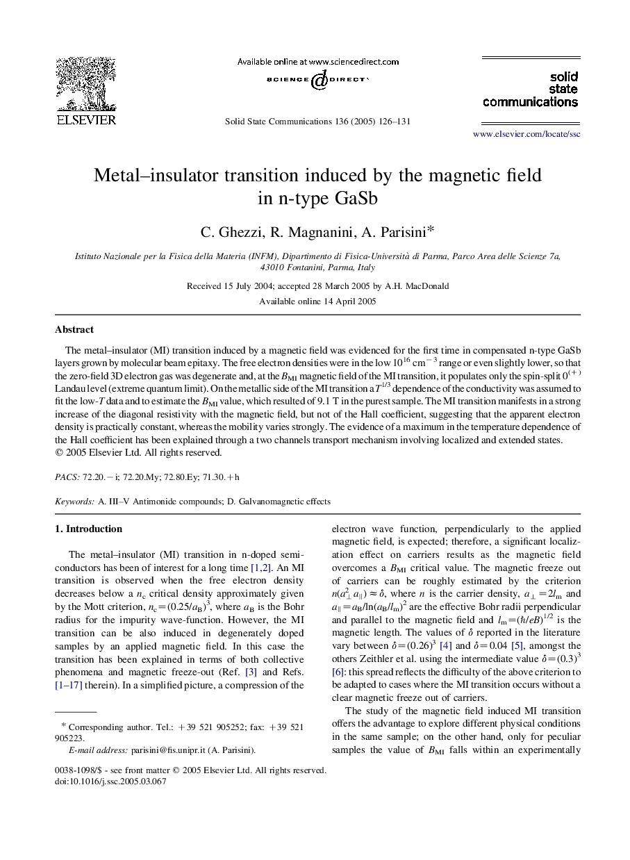 Metal-insulator transition induced by the magnetic field in n-type GaSb