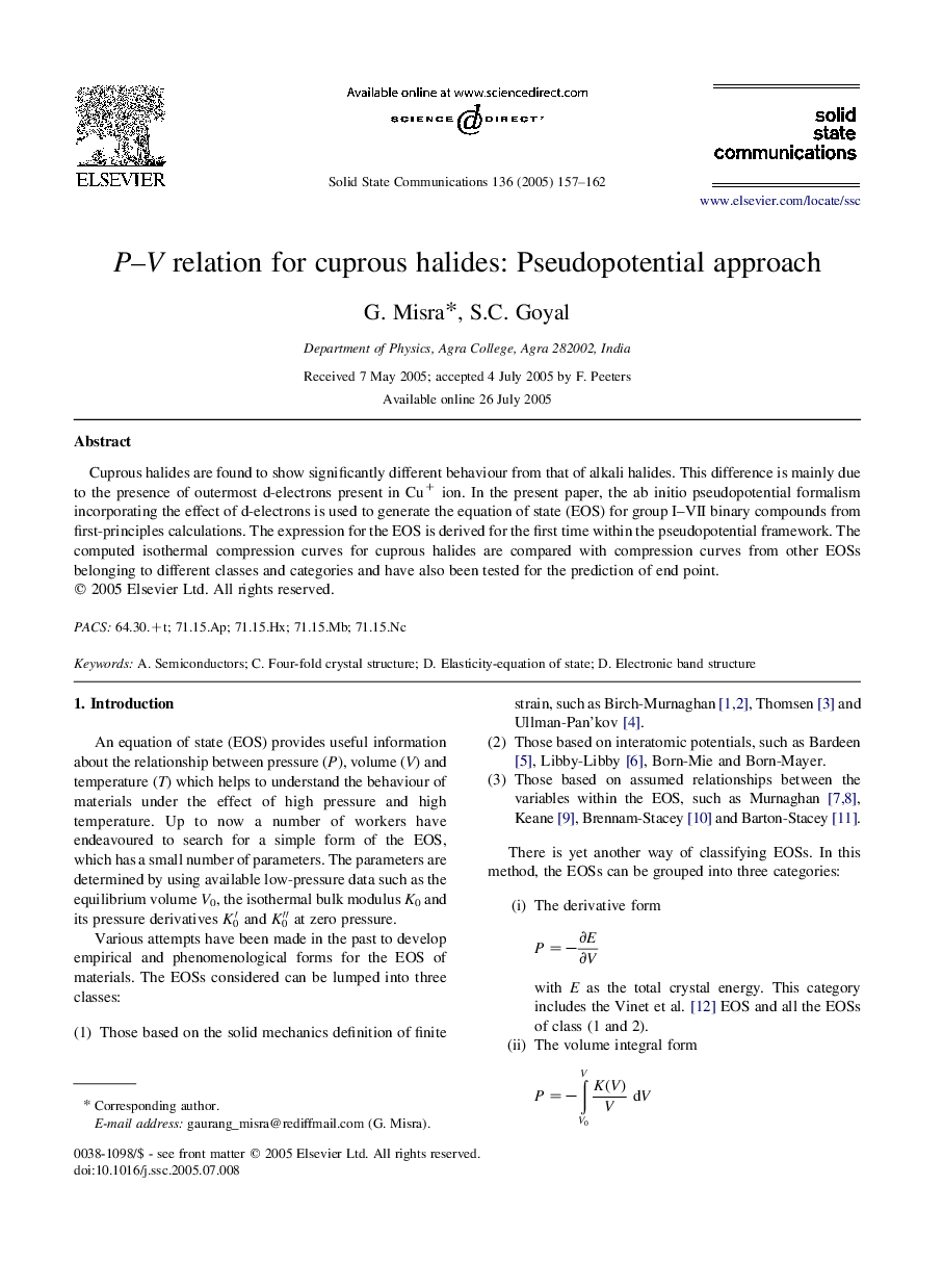 P-V relation for cuprous halides: Pseudopotential approach