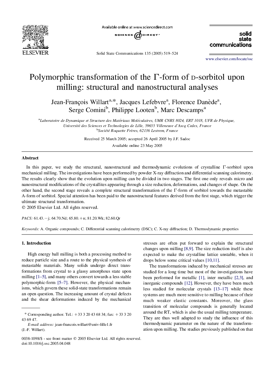 Polymorphic transformation of the Î-form of d-sorbitol upon milling: structural and nanostructural analyses