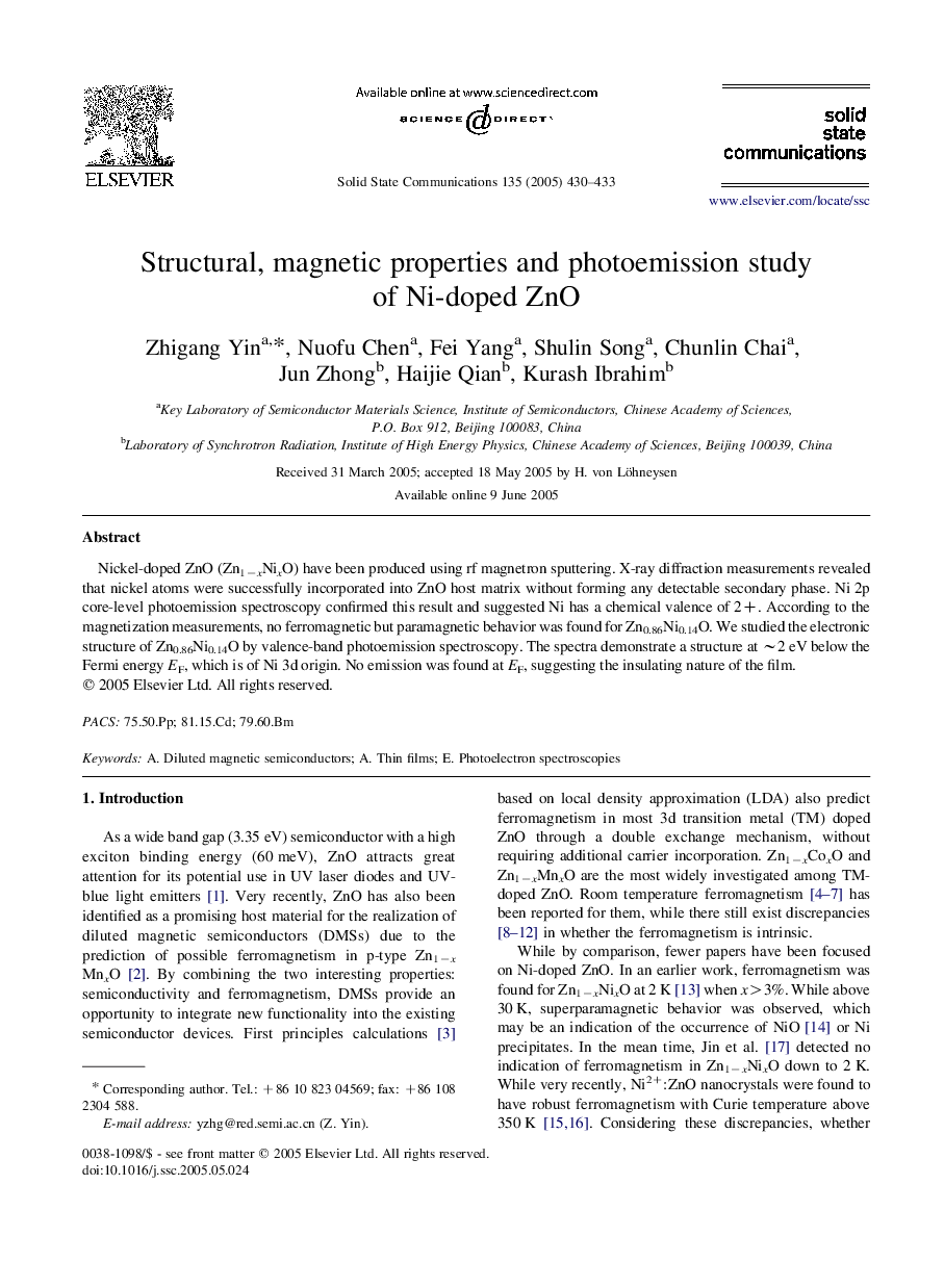 Structural, magnetic properties and photoemission study of Ni-doped ZnO