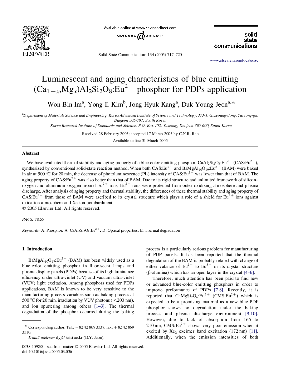 Luminescent and aging characteristics of blue emitting (Ca1âx,Mgx)Al2Si2O8:Eu2+ phosphor for PDPs application