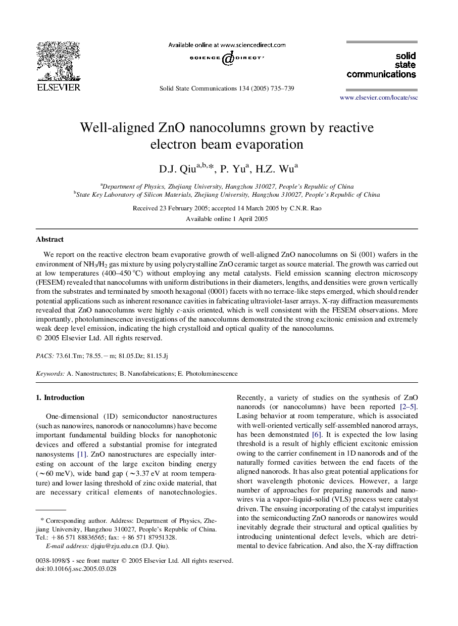 Well-aligned ZnO nanocolumns grown by reactive electron beam evaporation