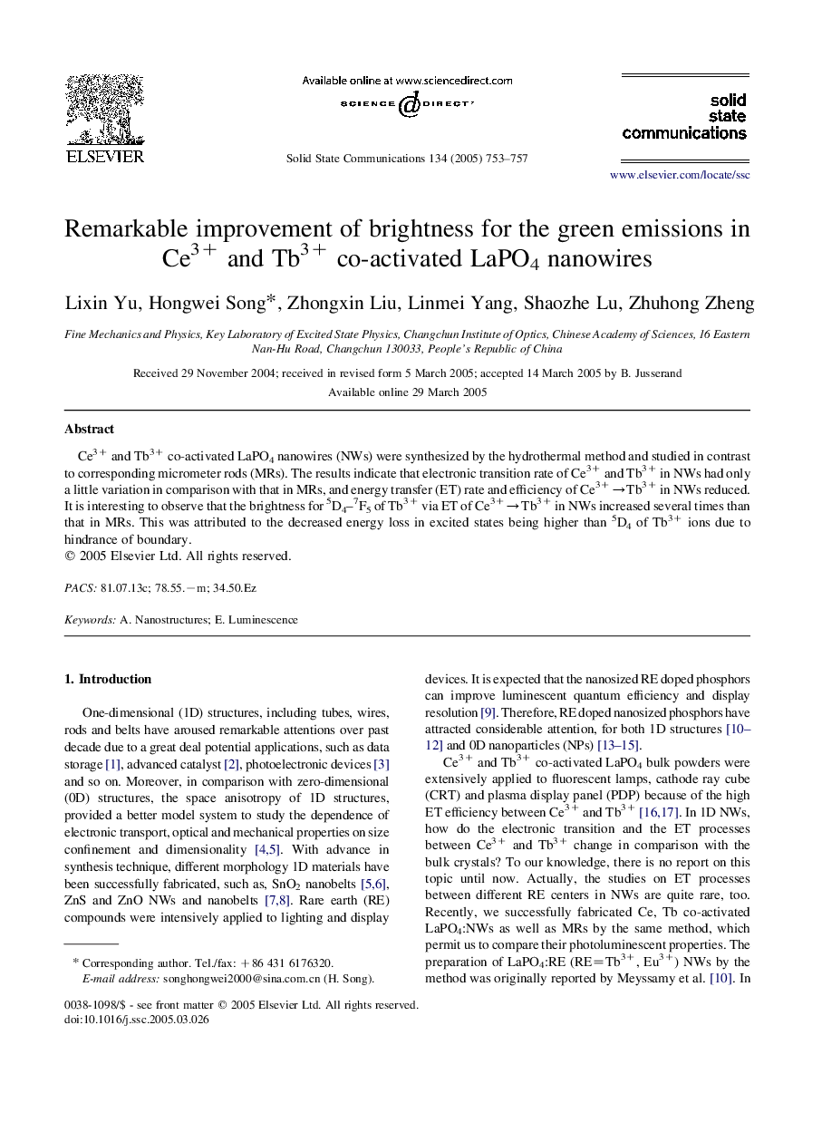 Remarkable improvement of brightness for the green emissions in Ce3+ and Tb3+ co-activated LaPO4 nanowires