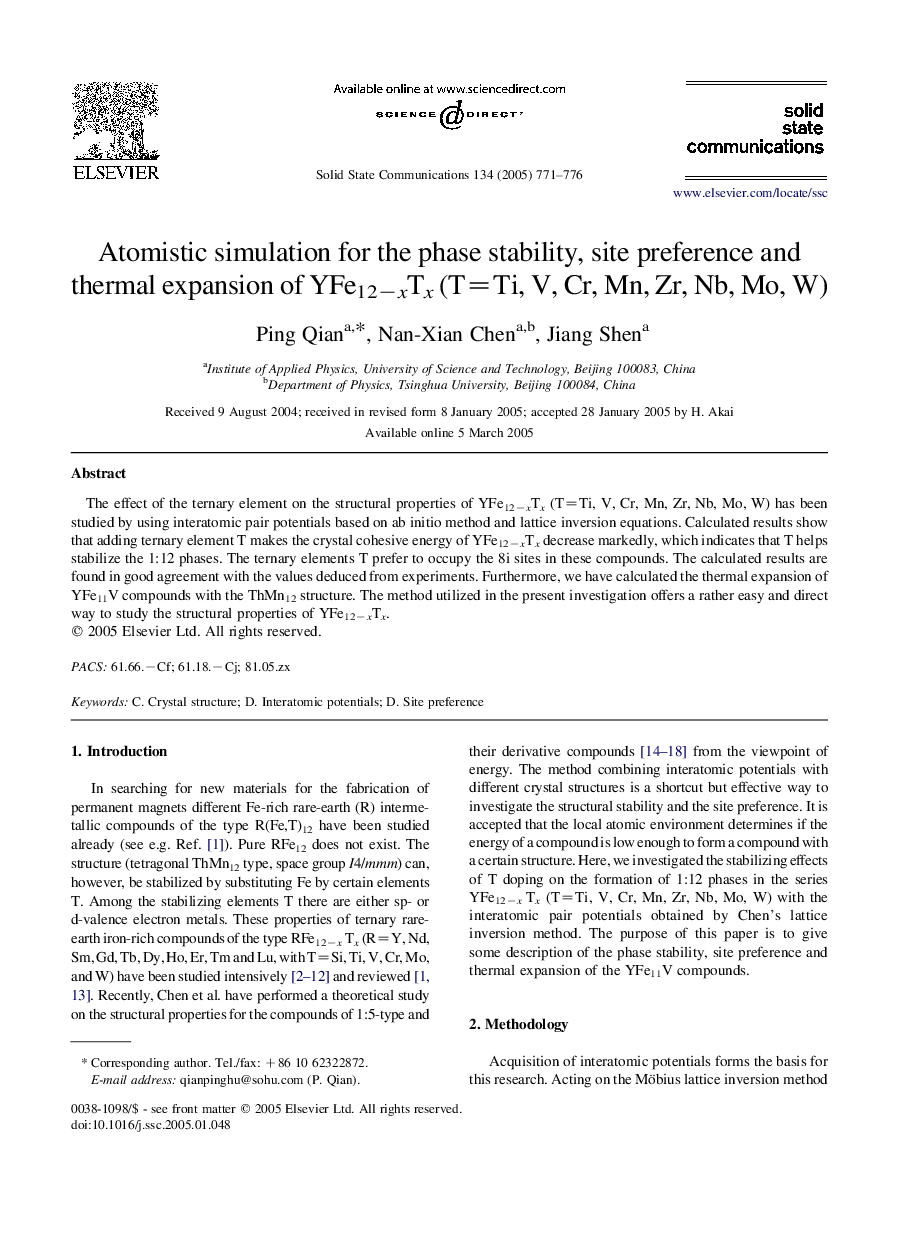 Atomistic simulation for the phase stability, site preference and thermal expansion of YFe12âxTx (T=Ti, V, Cr, Mn, Zr, Nb, Mo, W)