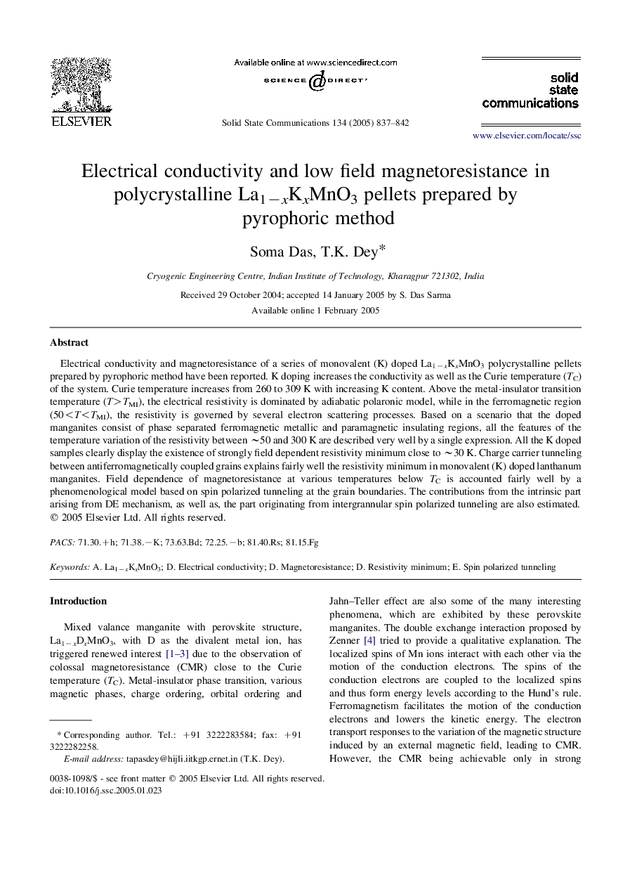 Electrical conductivity and low field magnetoresistance in polycrystalline La1âxKxMnO3 pellets prepared by pyrophoric method