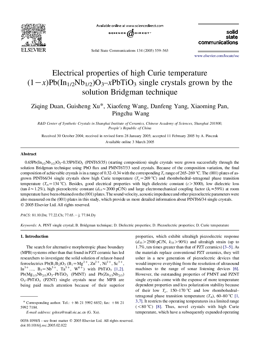 Electrical properties of high Curie temperature (1âx)Pb(In1/2Nb1/2)O3-xPbTiO3 single crystals grown by the solution Bridgman technique