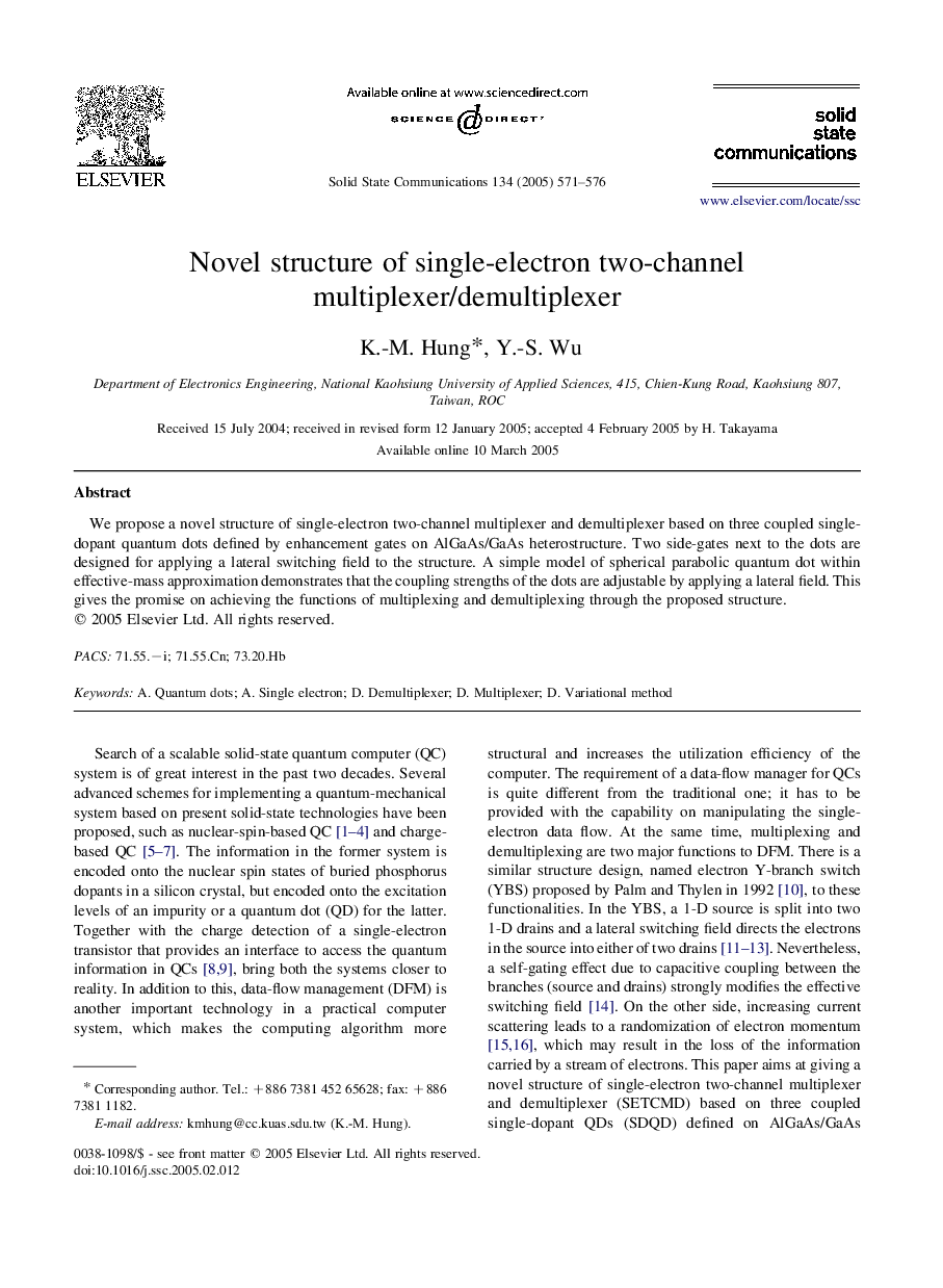 Novel structure of single-electron two-channel multiplexer/demultiplexer