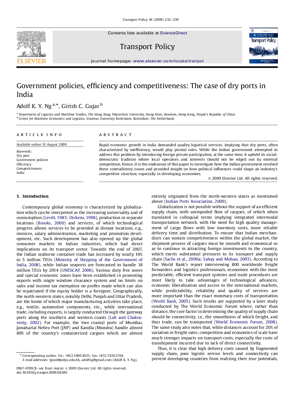 Government policies, efficiency and competitiveness: The case of dry ports in India