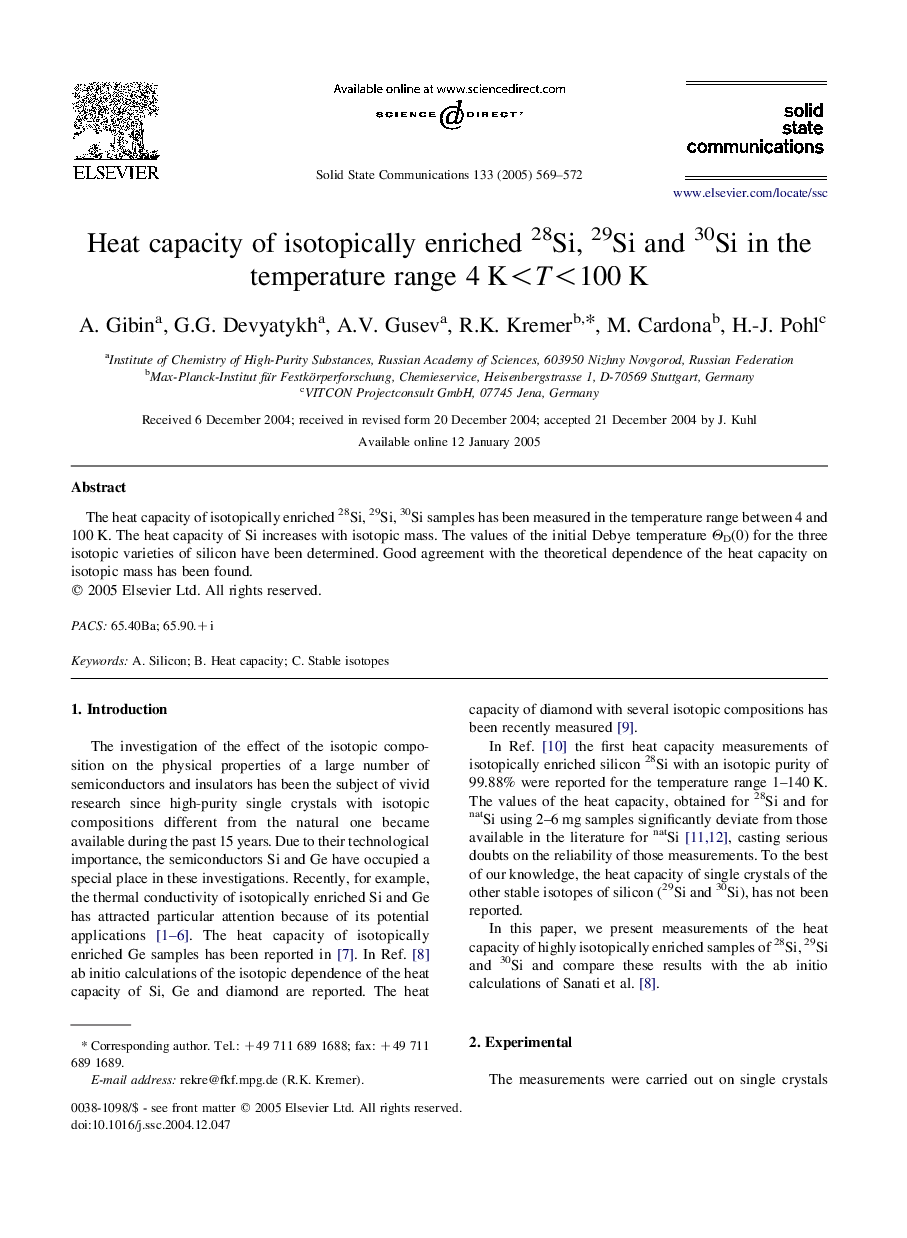 Heat capacity of isotopically enriched 28Si, 29Si and 30Si in the temperature range 4Â K<T<100Â K
