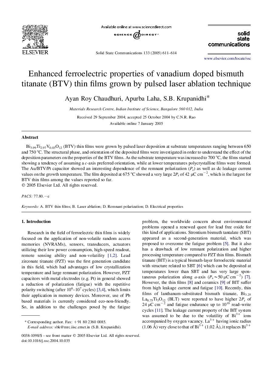 Enhanced ferroelectric properties of vanadium doped bismuth titanate (BTV) thin films grown by pulsed laser ablation technique