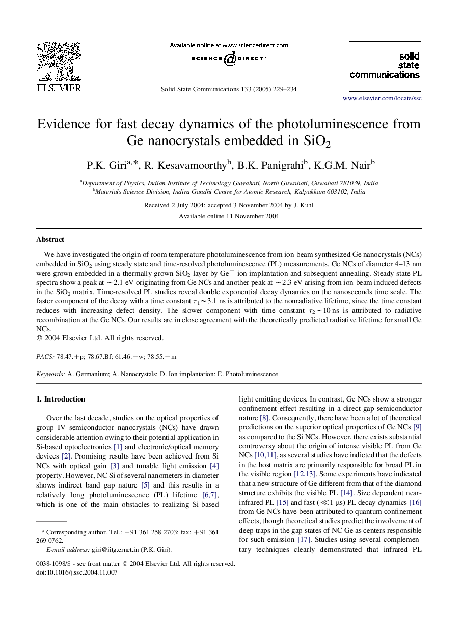 Evidence for fast decay dynamics of the photoluminescence from Ge nanocrystals embedded in SiO2