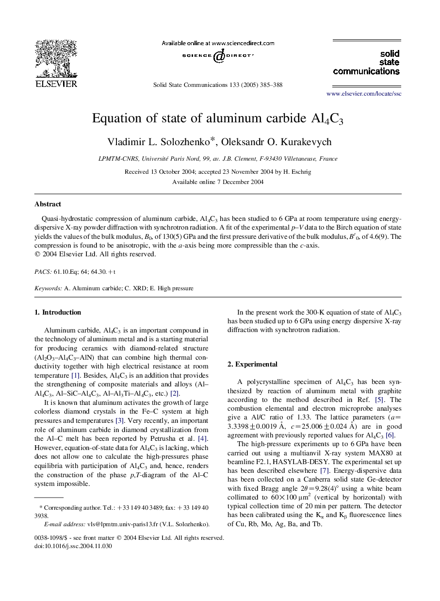 Equation of state of aluminum carbide Al4C3