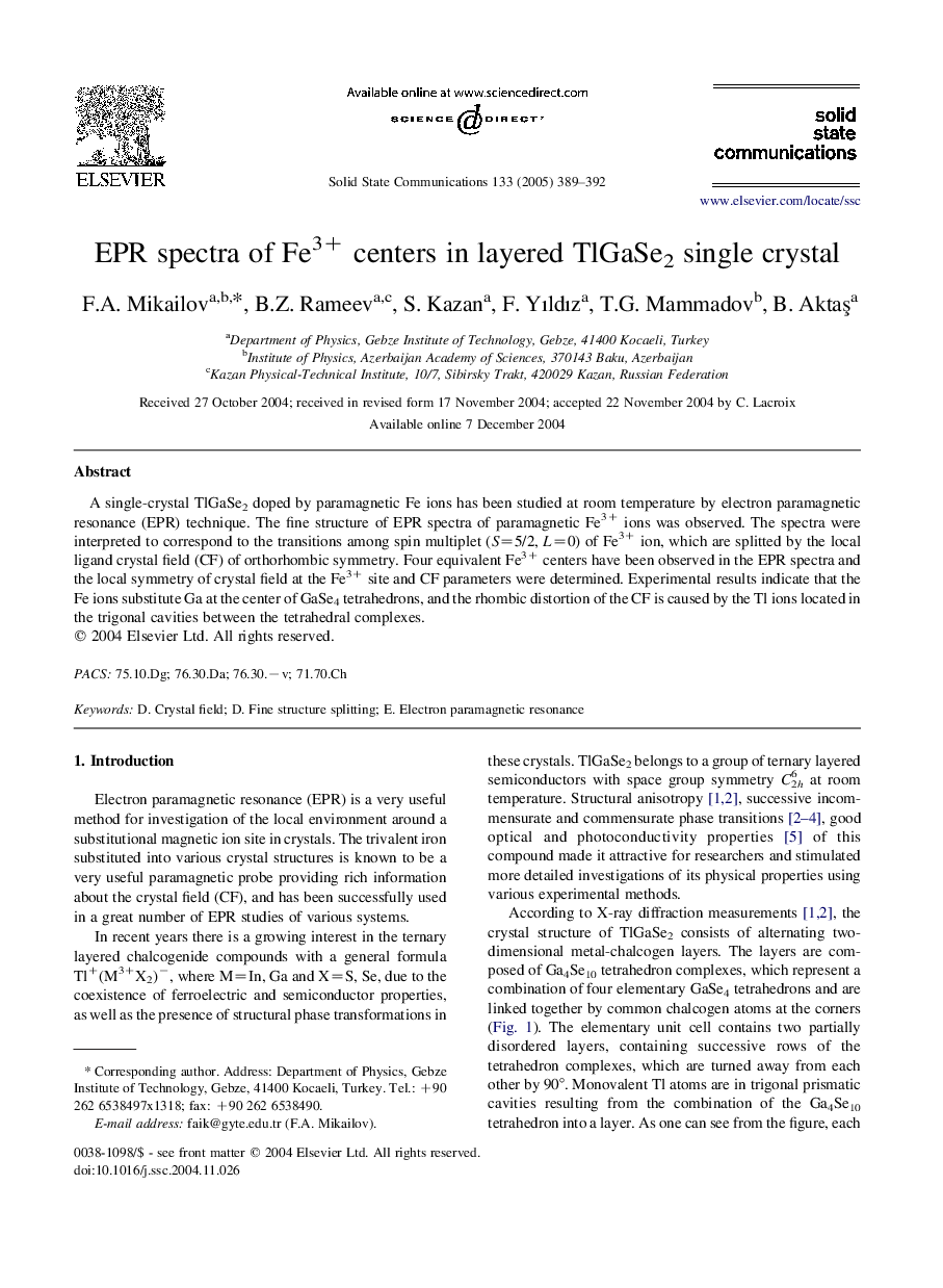 EPR spectra of Fe3+ centers in layered TlGaSe2 single crystal