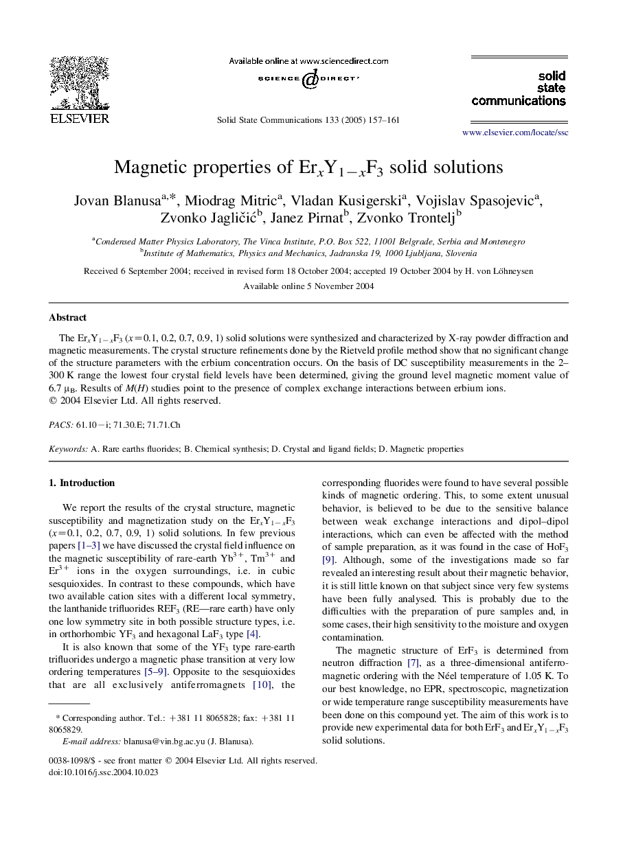 Magnetic properties of ErxY1âxF3 solid solutions