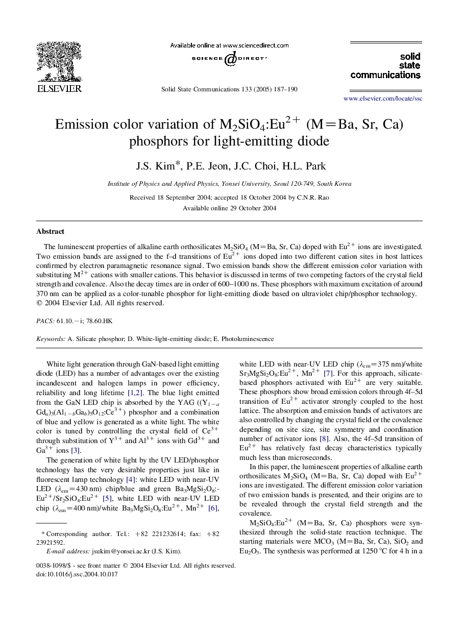 Emission color variation of M2SiO4:Eu2+ (M=Ba, Sr, Ca) phosphors for light-emitting diode