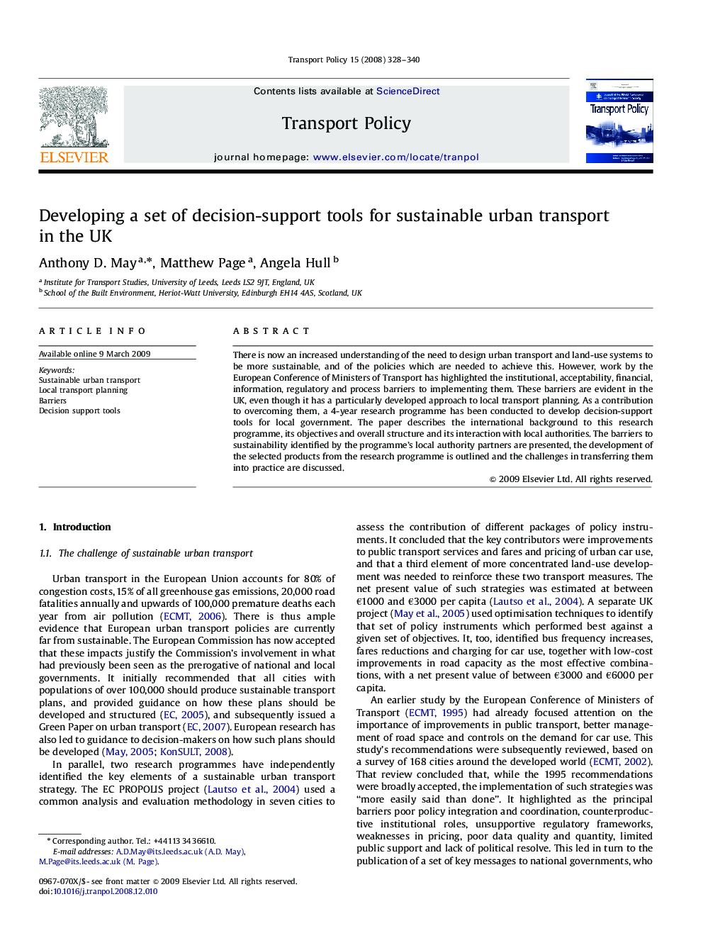 Developing a set of decision-support tools for sustainable urban transport in the UK