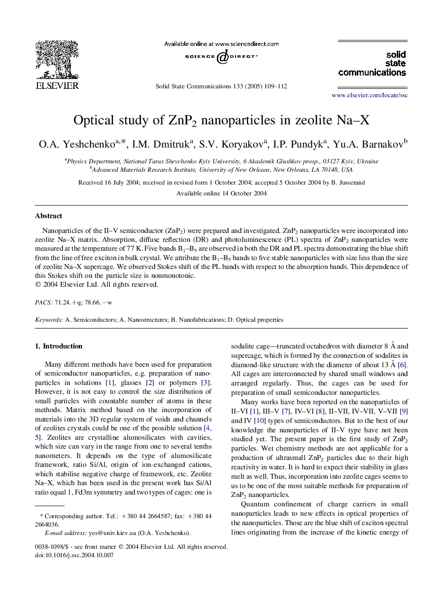 Optical study of ZnP2 nanoparticles in zeolite Na-X