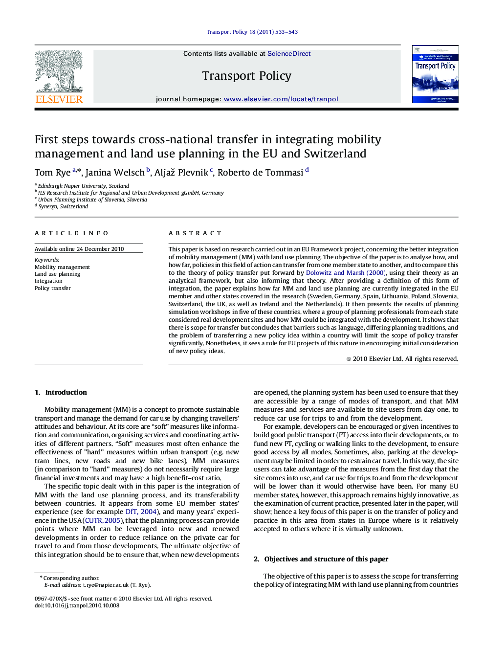 First steps towards cross-national transfer in integrating mobility management and land use planning in the EU and Switzerland