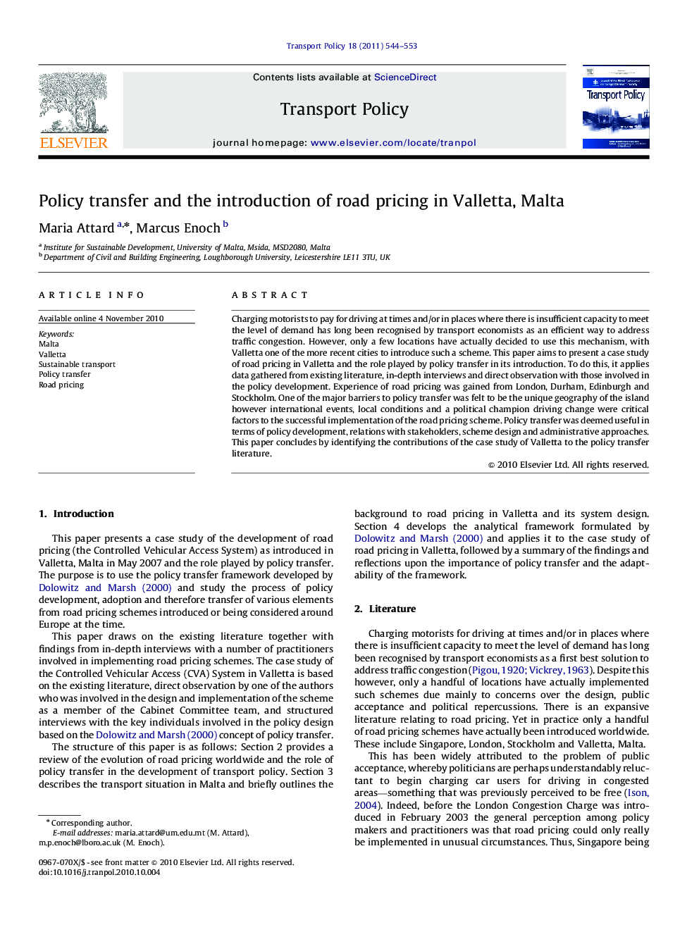 عکس صفحه اول مقاله: Policy transfer and the introduction of road pricing in Valletta, Malta Policy transfer and the introduction of road pricing in Valletta, Malta