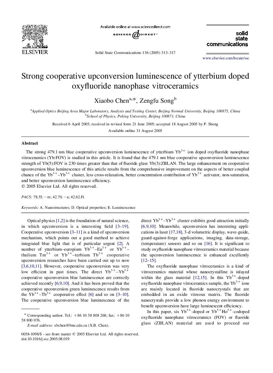 Strong cooperative upconversion luminescence of ytterbium doped oxyfluoride nanophase vitroceramics