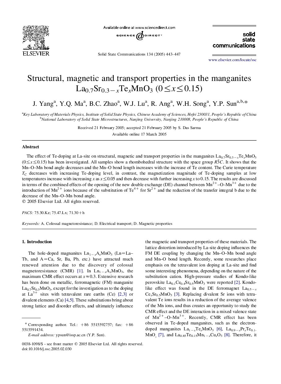 Structural, magnetic and transport properties in the manganites La0.7Sr0.3âxTexMnO3 (0â¤xâ¤0.15)