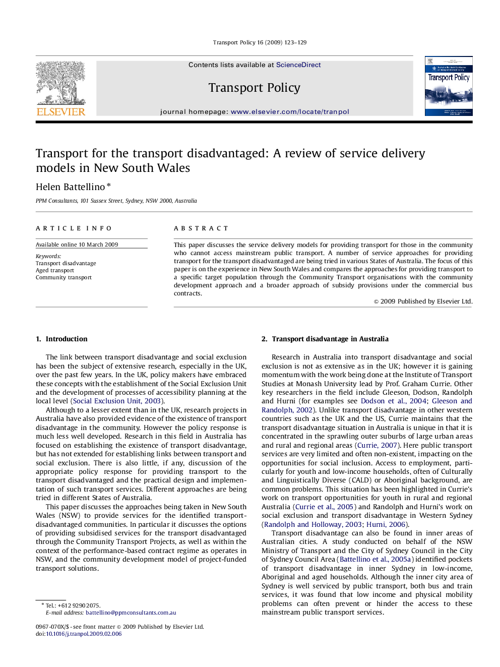 Transport for the transport disadvantaged: A review of service delivery models in New South Wales