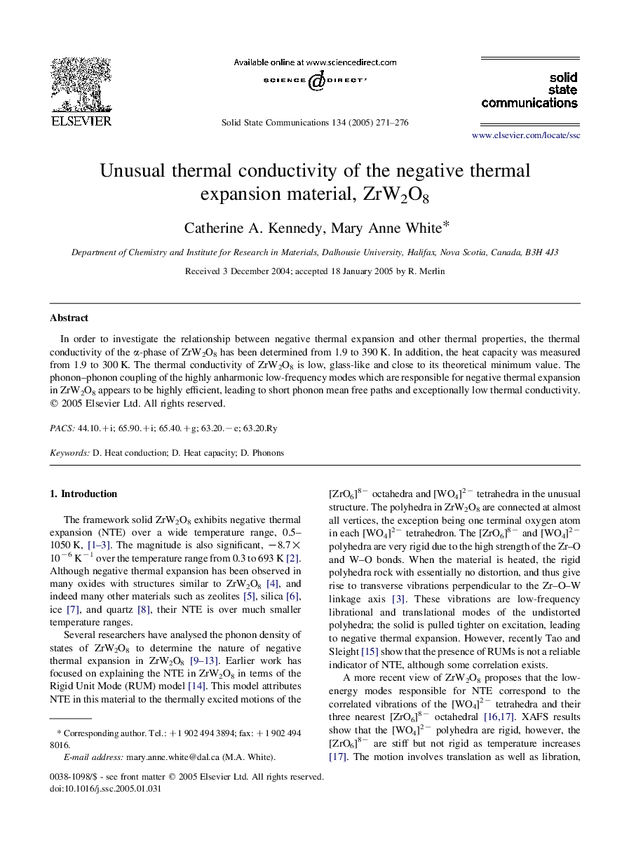 Unusual thermal conductivity of the negative thermal expansion material, ZrW2O8
