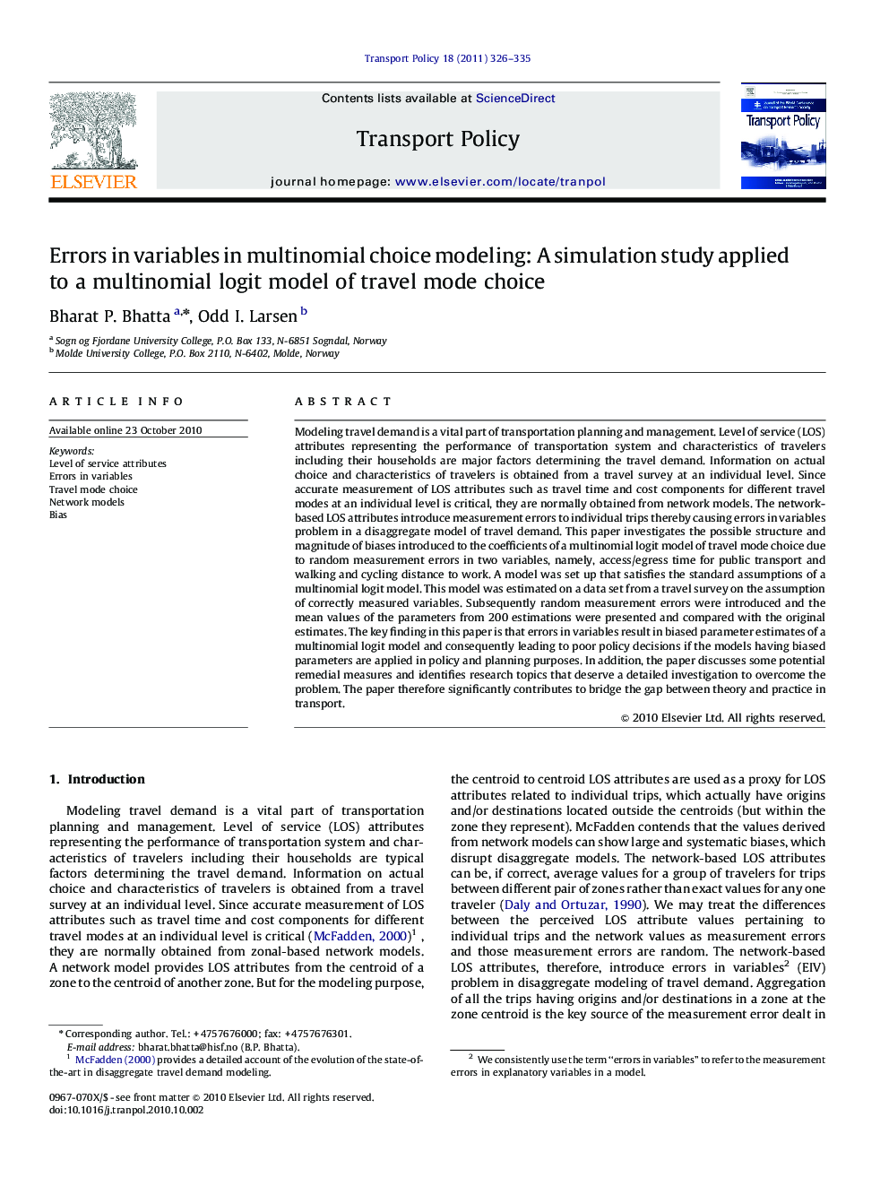 Errors in variables in multinomial choice modeling: A simulation study applied to a multinomial logit model of travel mode choice