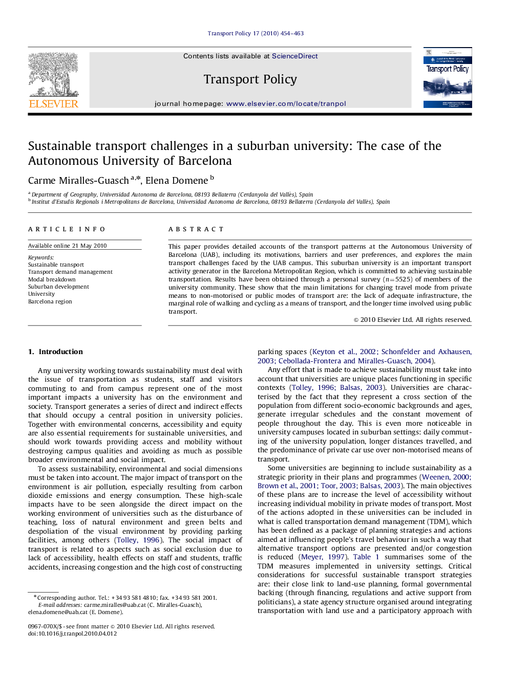 Sustainable transport challenges in a suburban university: The case of the Autonomous University of Barcelona