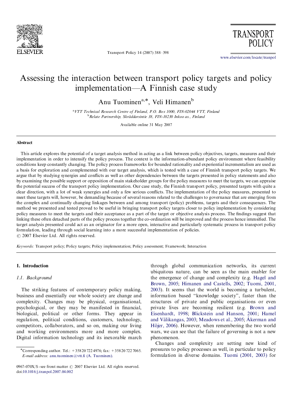 Assessing the interaction between transport policy targets and policy implementation—A Finnish case study