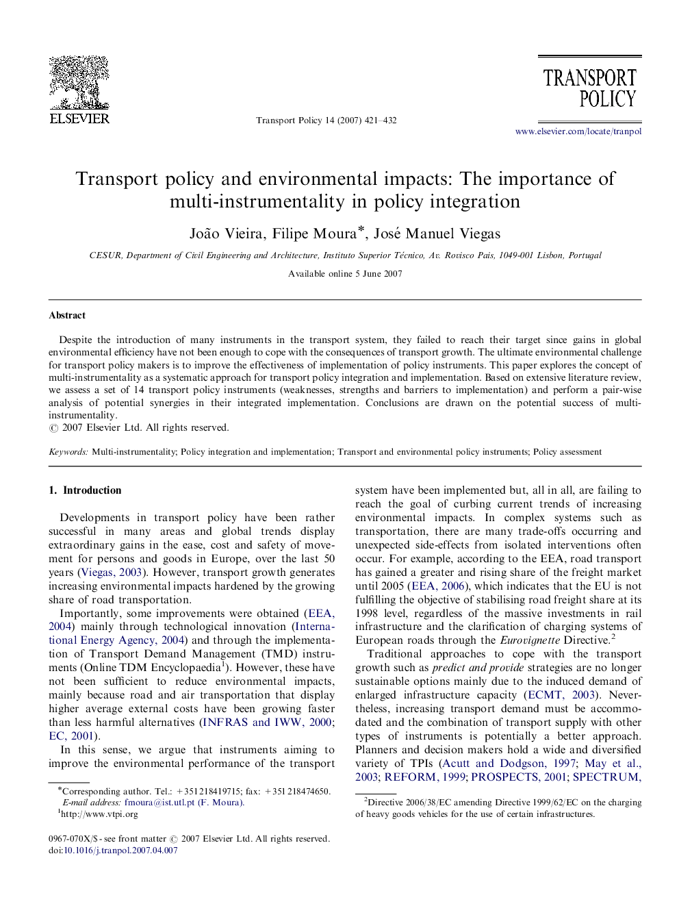 Transport policy and environmental impacts: The importance of multi-instrumentality in policy integration