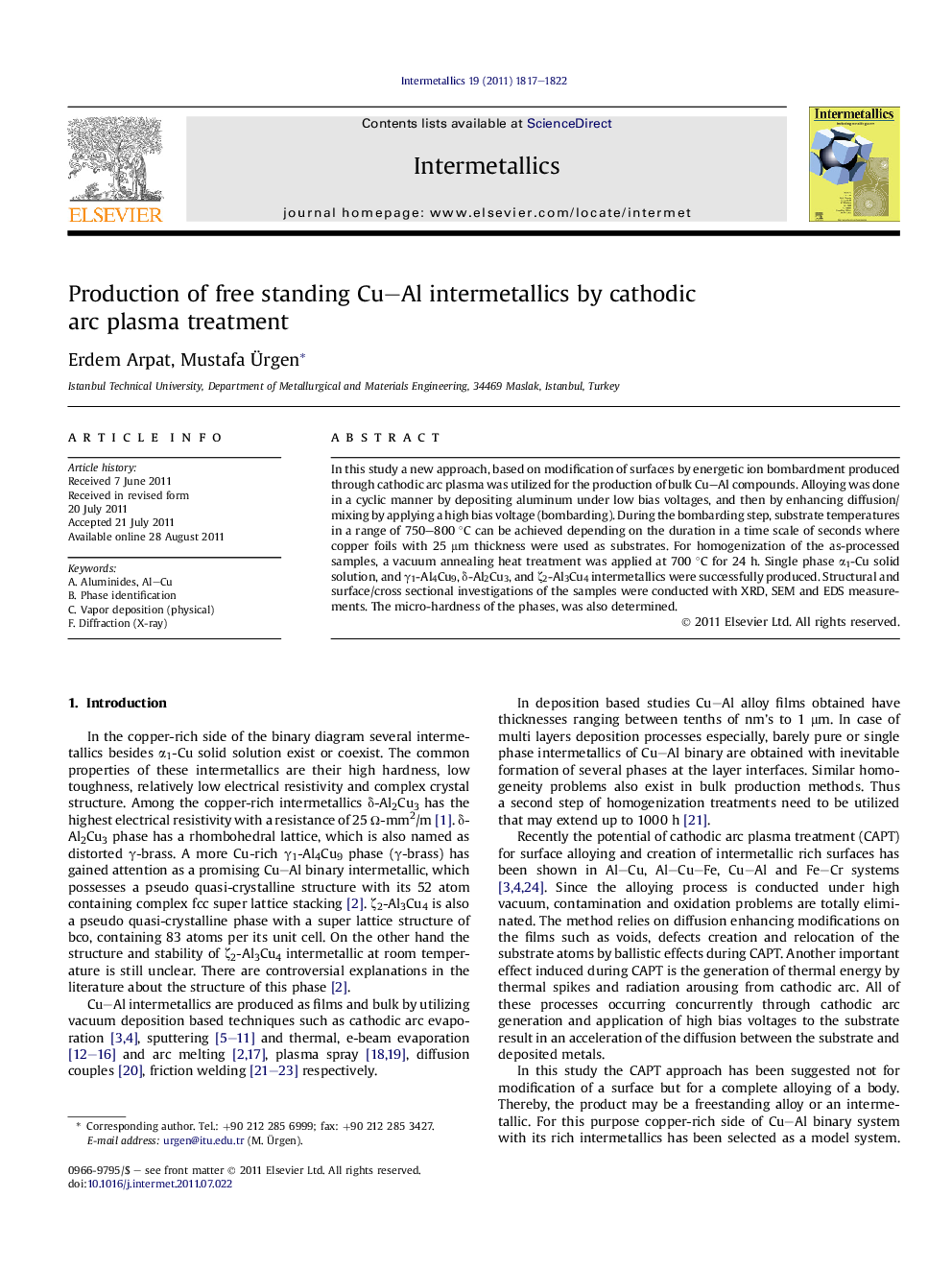 Production of free standing Cu-Al intermetallics by cathodic arc plasma treatment