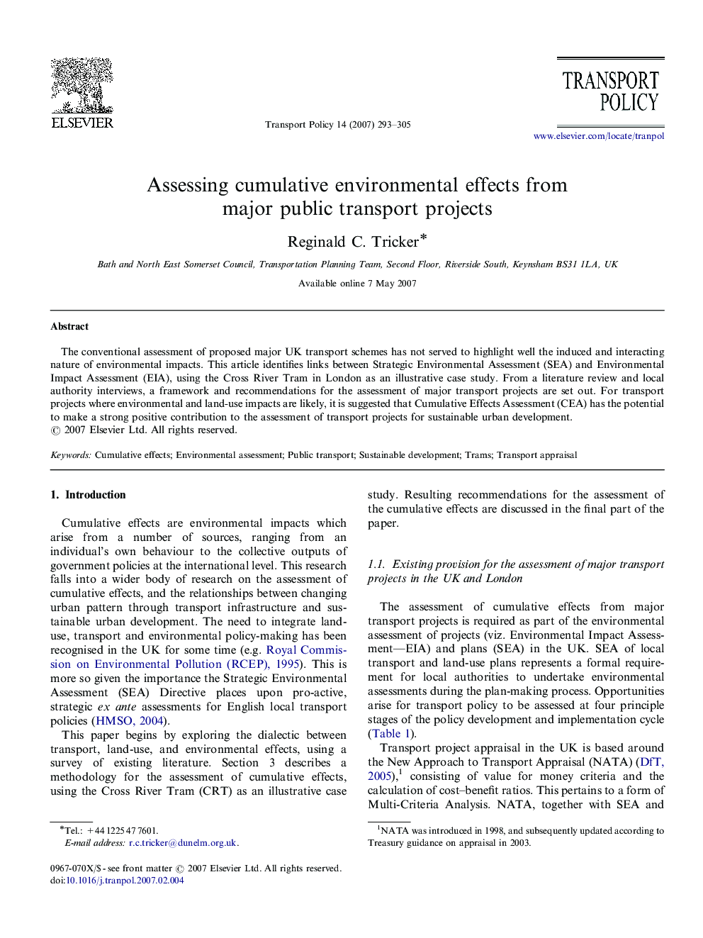 Assessing cumulative environmental effects from major public transport projects