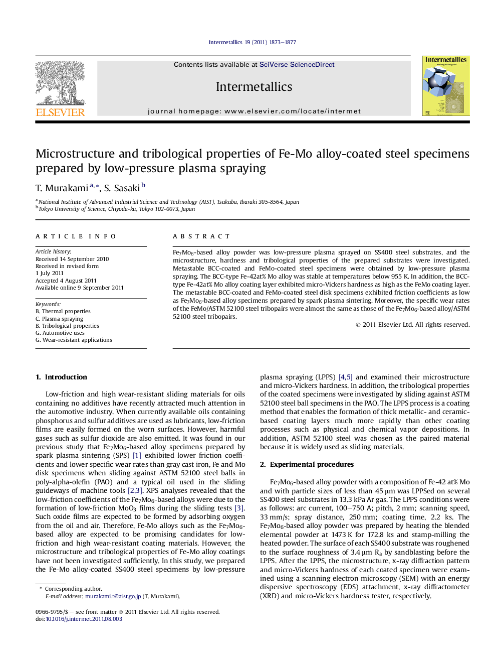 Microstructure and tribological properties of Fe-Mo alloy-coated steel specimens prepared by low-pressure plasma spraying