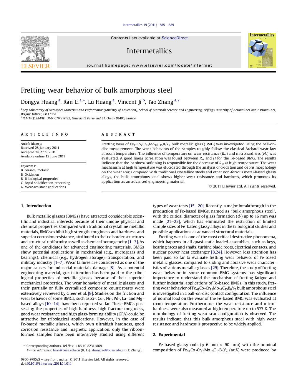 Fretting wear behavior of bulk amorphous steel